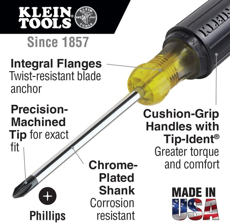 Klein Tools 85442 85442 Screwdriver 2-Piece Set, Made in USA, 1/4 Keystone and #2 Phillips, Cushion Grip, Round and Square Shank, Heat Treated, Home Improvement - Image 3